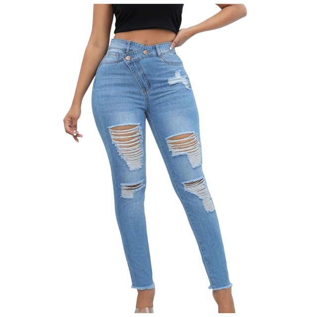 Gubotare Skinny Jeans for Women Mid Rise High Waisted-Rise Stretch Skinny Destroyed Ripped Distressed Jeans for Women (Light Blue,Size XXL)