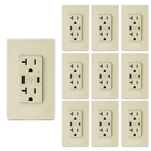 Micmi USB C + A PD Power Delivery 24W Outlet Wall Dual High Speed Receptacle Fast Charging, 20Amp Tamper Resistant Wall Plate Included Light Almond UL Listed (10, Iv
