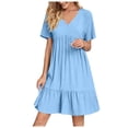 thumbnail image 1 of Robe à Volants à Étages pour Femmes Grande Taille, Été, Manches Courtes, Robe Babydoll Décontractée à Col en V, Robes pour Dames Bleu Ciel, 4TG, 1 of 7