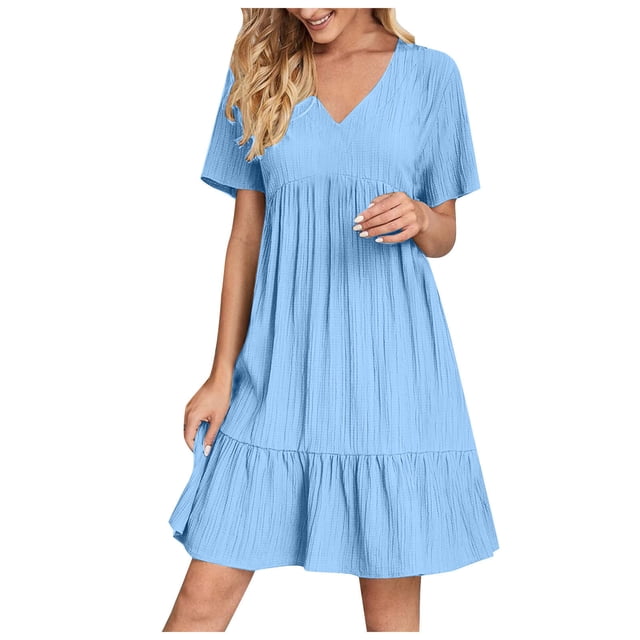 Robe à Volants à Étages pour Femmes Grande Taille, Été, Manches Courtes, Robe Babydoll Décontractée à Col en V, Robes pour Dames Bleu Ciel, 4TG
