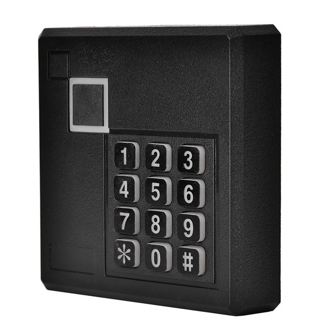 Ymiko Waterproof 125 KHz/13.56MHZ Card Reader, ID Reader, designed for home access control. The black PVC case is IP65 waterproof and rainproof, with a numeric keypad featuring high-quality rubber buttons that are wear-resistant and colorfast. The device supports card and password unlock methods, offering high stability, fast response speed, and strong resistance to metal shielding and interference. It includes a built-in antenna, double-color LED, and buzzer for audiovisual indications. Suitable for access control systems in buildings, hotels, residential areas, and parking lots.