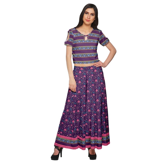 Moomaya Printed Cold Shoulder Keyhole Neck Crop Top And Palazzo Set Ethnic Wear