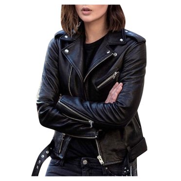 jsaierl Women Cool Faux Leather Jacket Long Sleeve Moto Biker Zipper Fitted Coat Fall Short Jacket