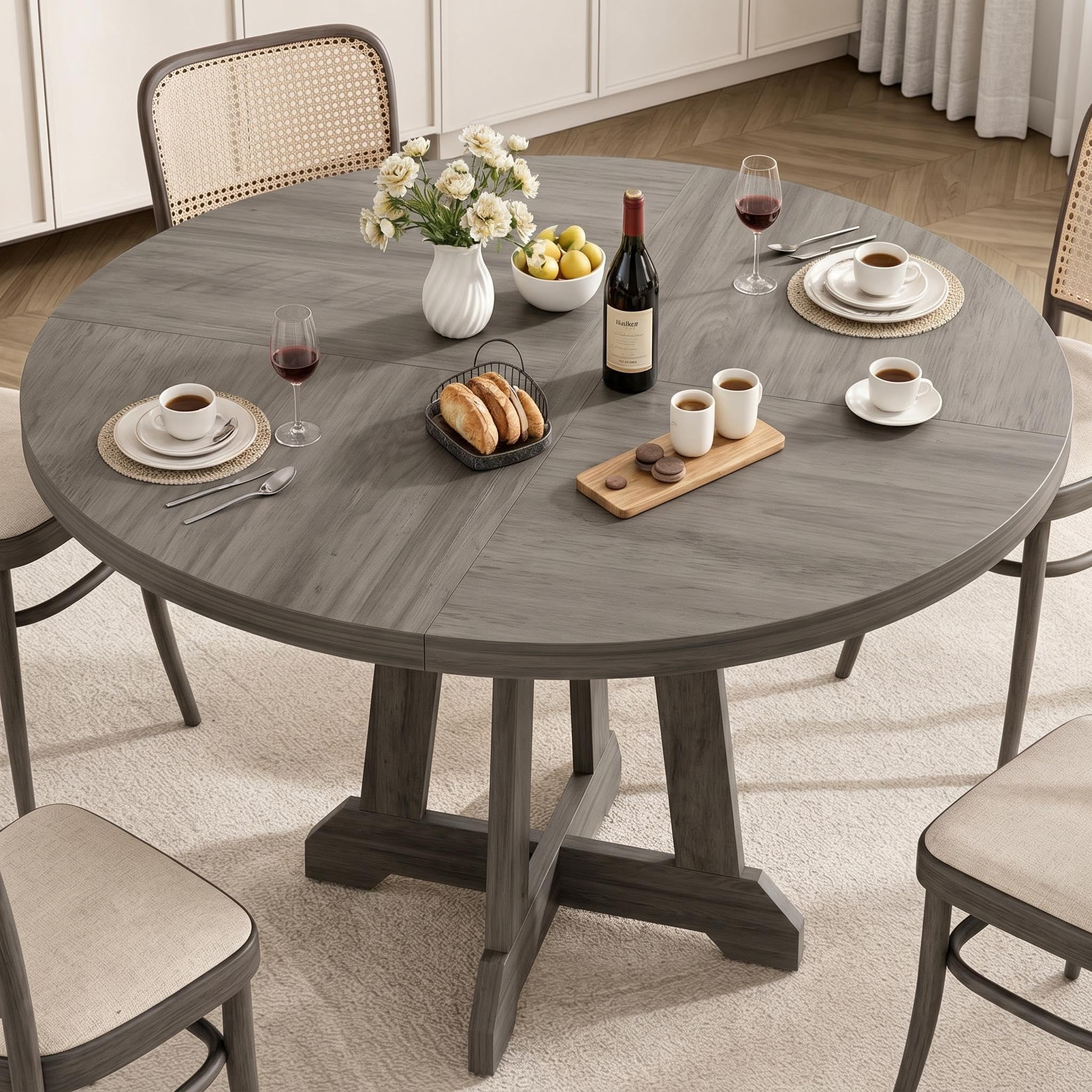 Round Dining Table for 4, 47 Inch with Wooden Base – Kitchen Table with Circle Tabletop for Dining Room, Kitchen & Living Room, Grey