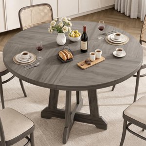 Round Dining Table for 4, 47 Inch with Wooden Base – Kitchen Table with Circle Tabletop for Dining Room, Kitchen & Living Room, Grey