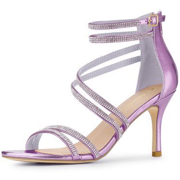 BLISSFUL STEP Chaussures pour Femmes Talon Aiguille Bout Ouvert Bride à la Cheville Sandales à Boucle en Strass Taro Violet 7