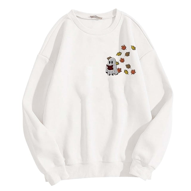 HNMKIU Chandail pour Femmes Dames Décontracté Imprimé Sans Tête Couleur Unie Chandail à Col Rond Manches Longues Chandail à Capuchon