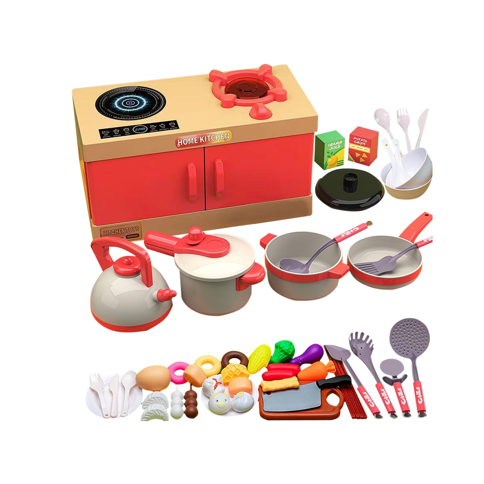 Red 56 Pcs Pretend Play Kitchen Set For Kids With Interactive Cooktop Realistic Accessories Toy