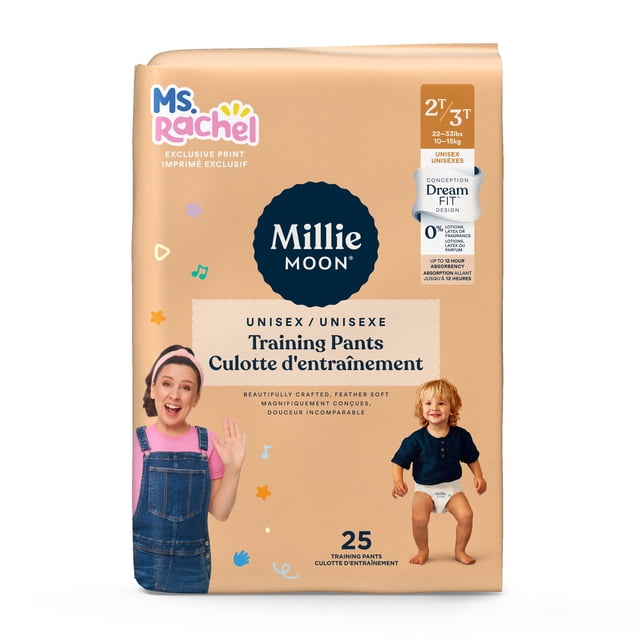 Millie Moon Ms Rachel Training Pants, Size 2T-3T, 25 Count package featuring unisex toddler training pants with DreamFit™ waistband, double leak guards, soft-tear sides, and up to 12 hours of absorbency, designed for toddlers 22-33 lbs (10-15 kg).