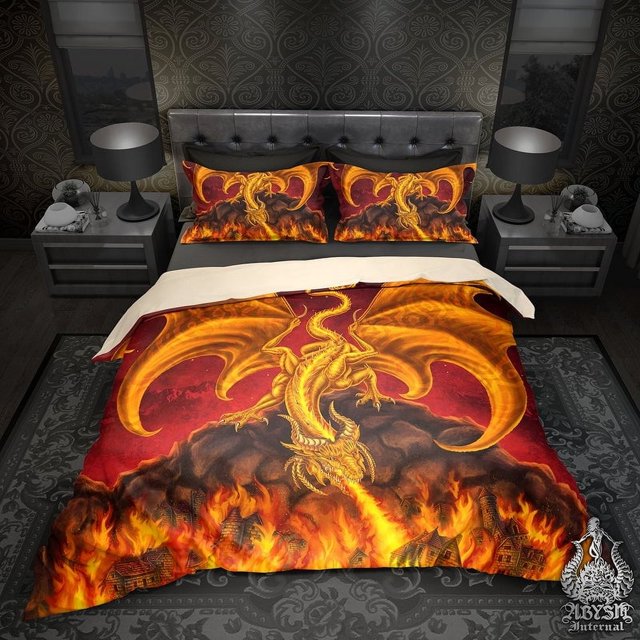 Fire Dragon Bedding Set, Duvet or Comforter, Gamer Bed Cover, Bedroom Decor,