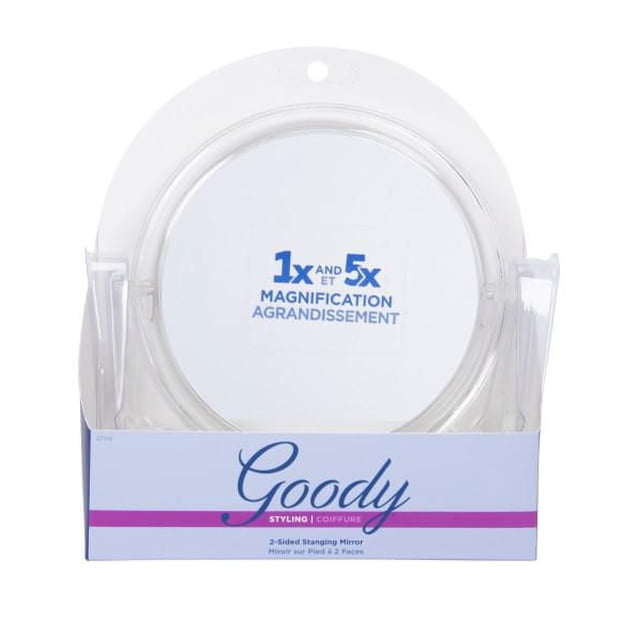 Goody Two Sided Fashion Mirror with 1x and 5x magnification, in clear plastic packaging with blue and pink Goody branding, featuring a round handheld cosmetic mirror suitable for precise makeup application and styling.