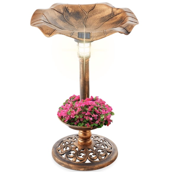 Best Choice Products Outdoor Solar Lighted Pedestal Bird Bath Fountain with Planter, Integrated Panel, Scroll Accents, Bronze