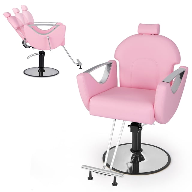 Gymax Chaise de Barbier Inclinable pour Coiffeur en Rose, Fabriquée en Cuir PVC et Éponge Haute Densité pour le Confort. Comprend un Appui-Tête à Hauteur Réglable, un Dossier Inclinable de 106° à 140°, et des Accoudoirs Ergonomiques. la Chaise Pivote à 360° et Est Soutenue par un Cadre en Métal Électroplacé Robuste et une Grande base en Métal, Idéale pour une Utilisation en Salon et au spa.