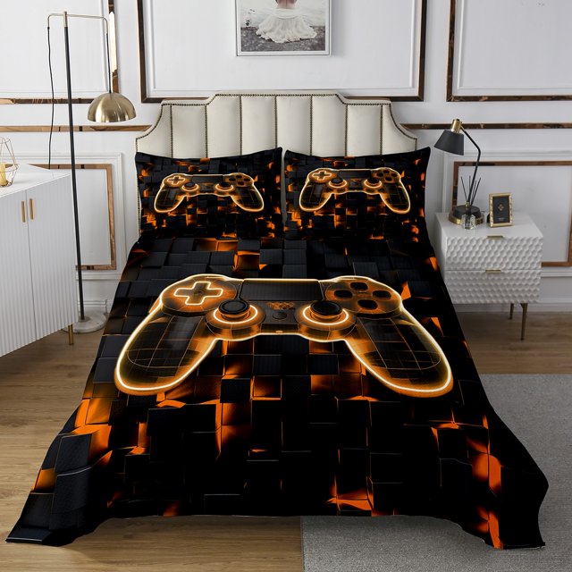 YST Gamer Quilt Set for Boys Gaming Room Bedspread Queen Soft Coverlet Set, Orange Geometry Honeycomb Print Bed Set 3 Pcs, Modern Abstract Plaid Bedding