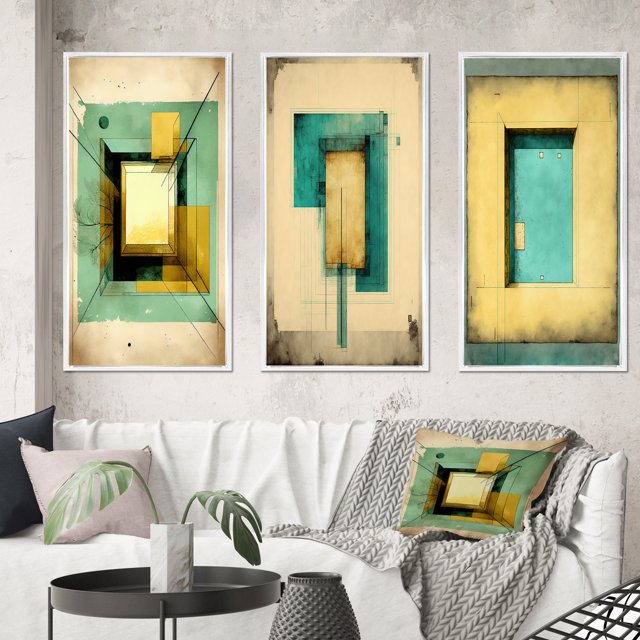 Designart "Faded Retro Illustrations - Intimate Impressions I" Modern Geometric Framed Wall Art Set Of 3 - Beige Abstract Geometric Frame Gallery Set For Office Decor