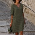 thumbnail image 2 of Kcodviy et Robe Midi en Lin à Manches Courtes pour Femmes Vacances Semi-Décontractée Robes pour Femmes Décontractées d'Été Mini-Robe à Col en V pour l'Été Robe pour Femmes de Couleur Unie, 2 of 8