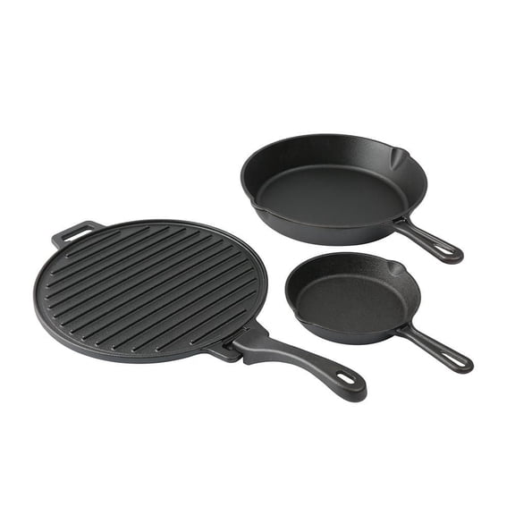 Ozark Trail 4-Piece Cast Iron Skillet Set with Handles and Griddle, Pre-Seasoned, 6", 10.5", 11", Hand Wash Only