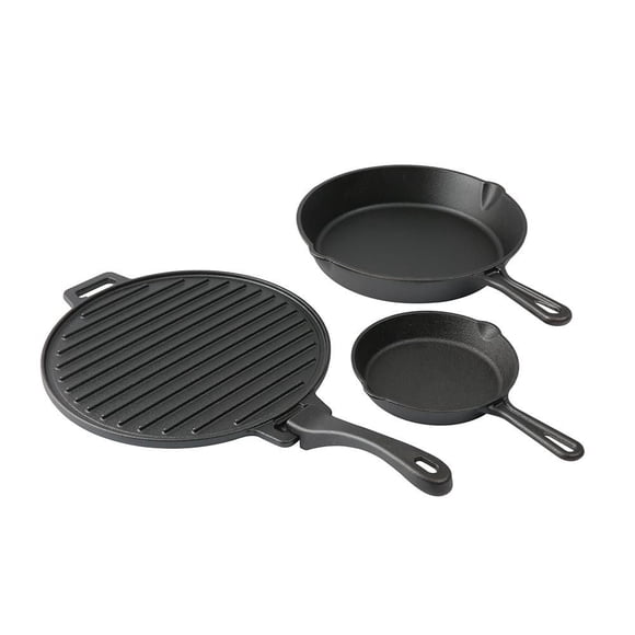 Ensemble de poêles en fonte Ozark Trail 4 pièces avec poignées et plaque de cuisson, pré-assaisonnées, 6 po, 10,5 po, 11 po, lavage à la main uniquement