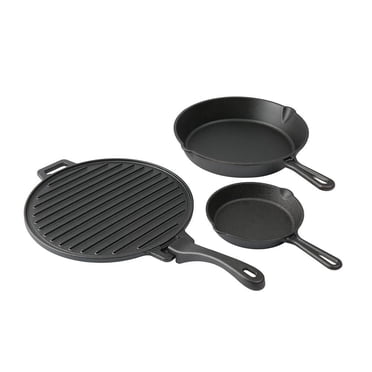 Ensemble de 4 pièces en fonte Ozark Trail (poêles avec poignées et plaque de cuisson), pré-culotté, tailles 6 po, 10,5 po et 11 po, lavage à la main uniquement