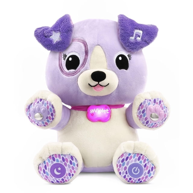 LeapFrog My Pal Violet Smarty Paws™ Personalized Plush Puppy in purple and cream with touch-sensitive front paws featuring paw print buttons, a glowing pink collar with the name Violet, embroidered eyes, and musical note and star icons on ears, designed for interactive play, music, and mindfulness activities.