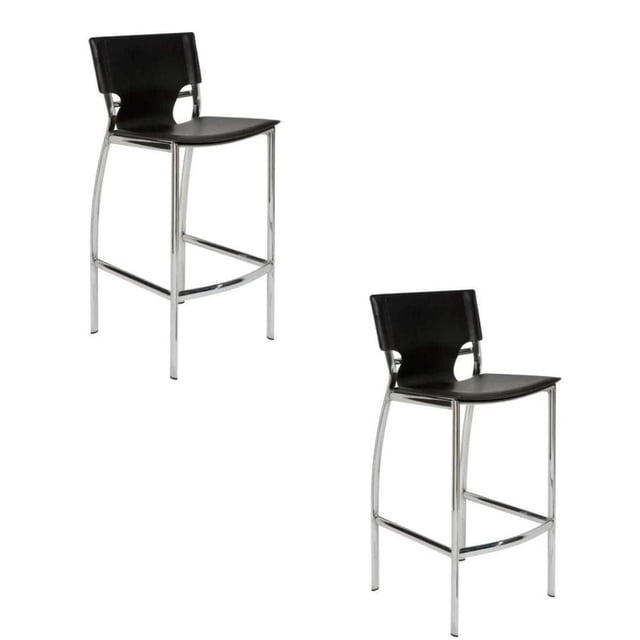Mattear Tabouret (26 Pouces) en Noir, Ensemble de 2 avec Deux Tabourets de bar avec Cadres en Métal Chromé, Sièges et Dossiers en Similicuir Noir avec Coussins Amovibles, et Repose-Pieds Courbés, Convient aux Sièges de Jardin Extérieurs.
