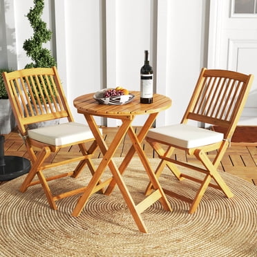 Costway Ensemble Bistro de Patio en Bois d'Acacia 3 Pcs Table Pliante et Chaises avec Coussins Beige