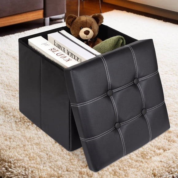 YOYTOO 15" Folding Storage Ottoman Cube Footstool Ottoman Bench with Storage, Faux Leather, Black