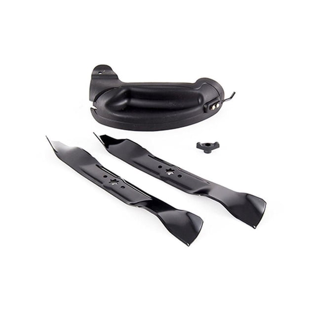 MTD Mulch Kit for Lawn Tractors with 42-inch Decks featuring two black steel mulching blades with star-shaped mounting holes, a black mulch plug, and mounting hardware, compatible with 2014 and newer 42-inch MTD and Cub Cadet lawn tractors, shown on a white background.