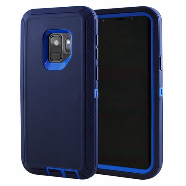 Samsung Galaxy S9 hard case with a triple-layer shockproof design in a dark blue finish. The case features precise cutouts for buttons, ports, and controls, along with a dust plug for the charging port. It includes raised edges and reinforced corners for enhanced drop, scratch, and dust protection. The back panel and inner shell provide heavy-duty defense, suitable for daily use and adventures.