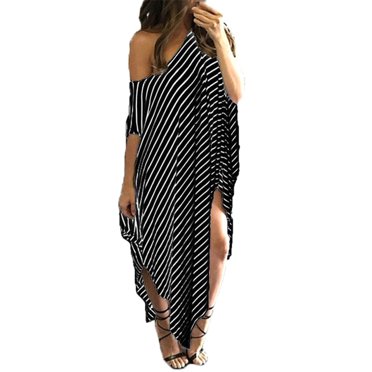 Becaristey Robe Maxi pour Femme à Rayures Longues Robes Décontractées Amples Caftan Surdimensionné Col Rond Noir P