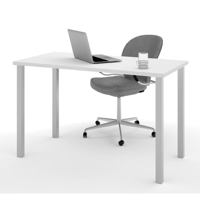 Bestar 24" X 48" Table with Square Metal Legs with a white melamine work surface and matte silver square metal legs with levellers, shown with a grey office chair, laptop, and glass, suitable for versatile home or office use and often used as a compact workspace solution.