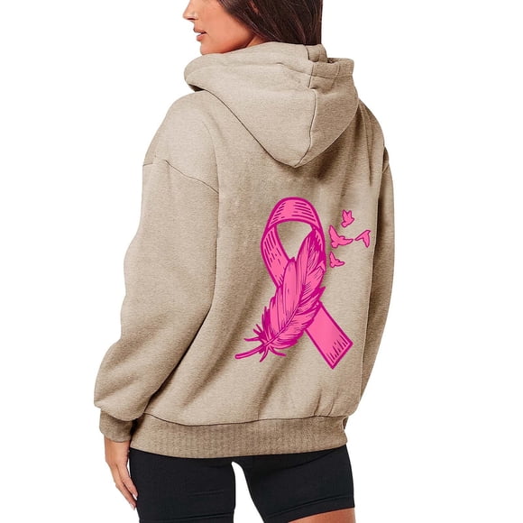 Zhanying Chandail à Col Rond pour Femmes Chandail pour Femmes Prévention du Cancer Mensuel Fermeture Éclair Manches Longues Poche Cordon de Serrage Chandail à Capuchon de Sport Décontracté