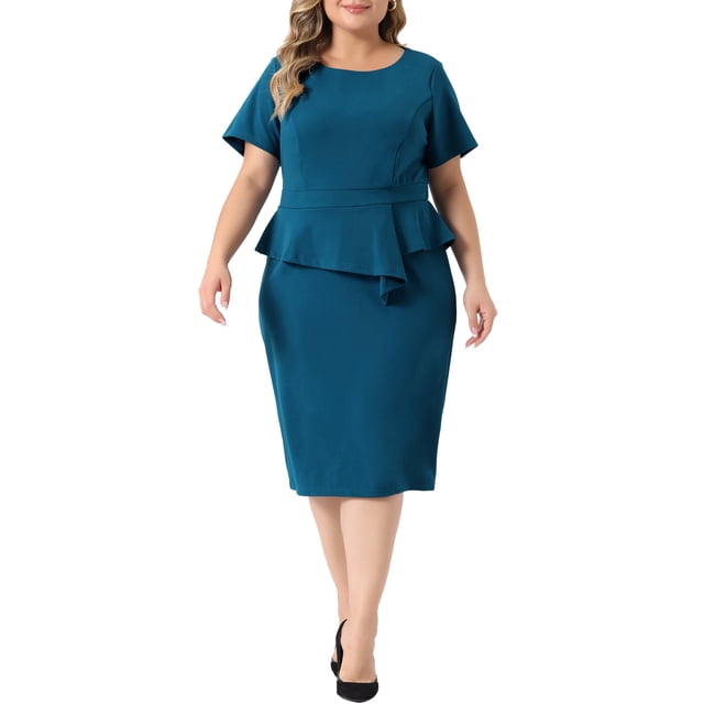 GRACE & GRANDEUR Robe Fourreau Crayon Moulante Formelle de Travail à Manches Courtes pour Femme Grande Taille Bleu Lac 3X