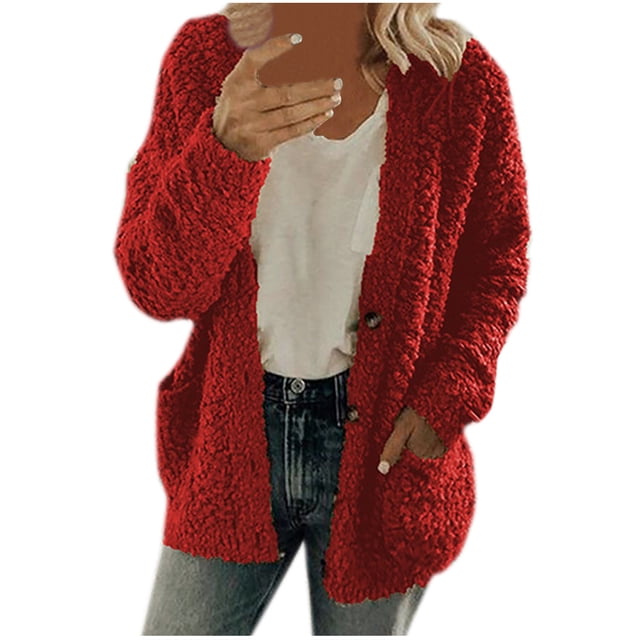 Trendy Fuzzy Sweaters for Women Button Down Open Front Cardigan Loose Outerwear Cardigan with Pockets