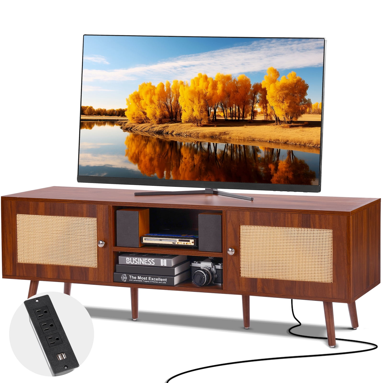 VEVOR Meuble TV en Rotin pour TV Boho 65 Pouces avec Douille Intégrée Noyer