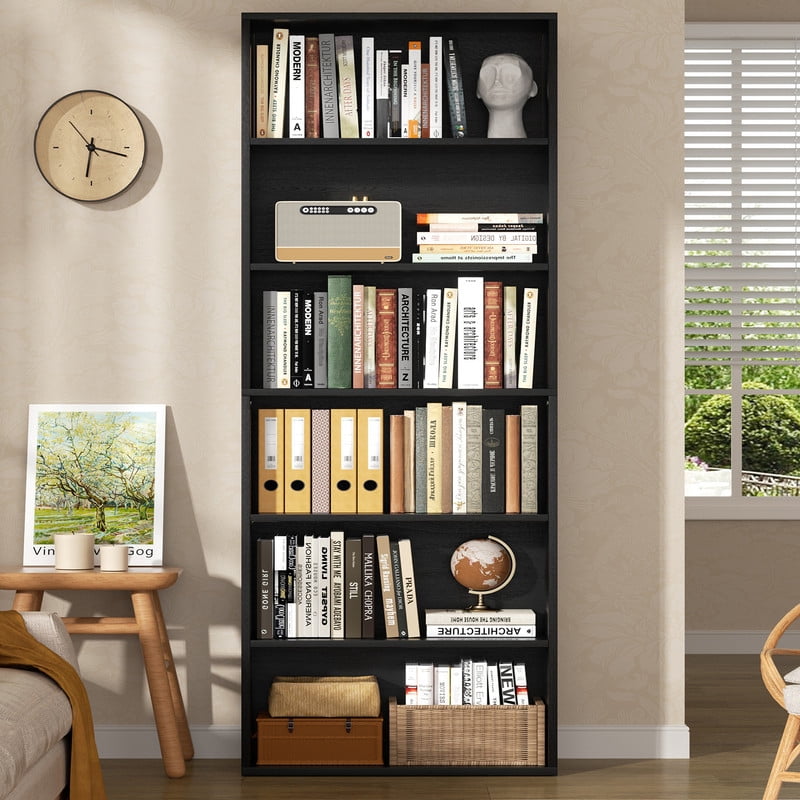 Walsunny 6 Tier Bookshelf Standard Wooden Bookcase Display Shelf with Storage Anti-tipping Device for Home Office Living Room Black