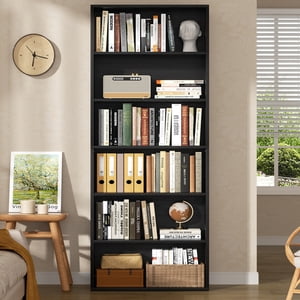 Walsunny 6 Tier Bookshelf Standard Wooden Bookcase Display Shelf with Storage Anti-tipping Device for Home Office Living Room Black