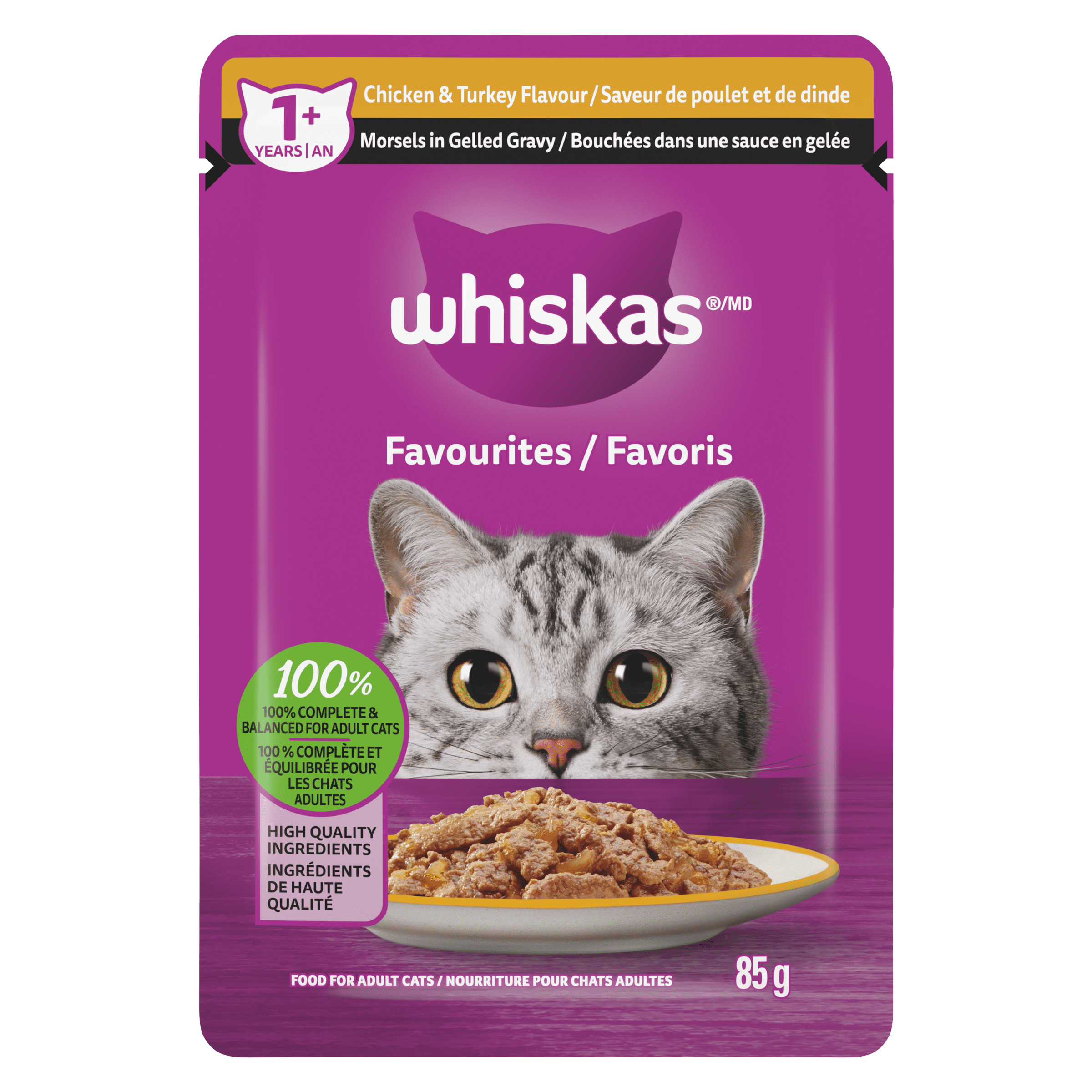 WHISKAS Favourites Adult Wet Cat Food Morsels in Gelled Gravy Chicken & Turkey Flavour 85g Pouch