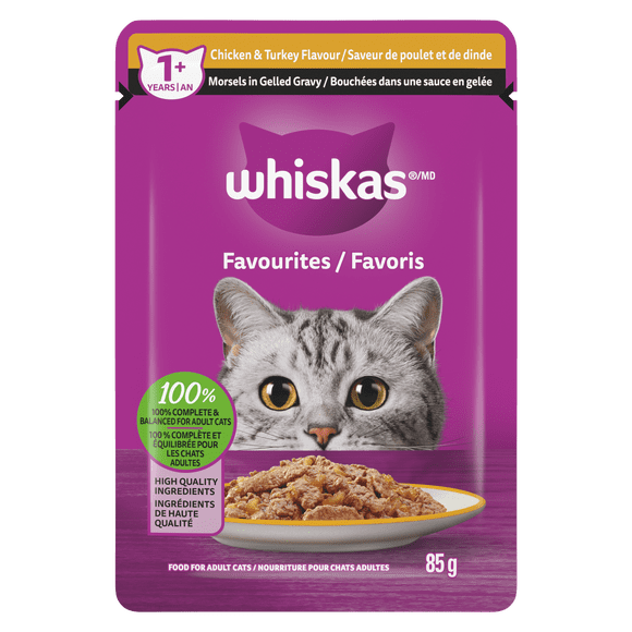 WHISKAS Favourites Adult Wet Cat Food Morsels in Gelled Gravy Chicken & Turkey Flavour 85g Pouch