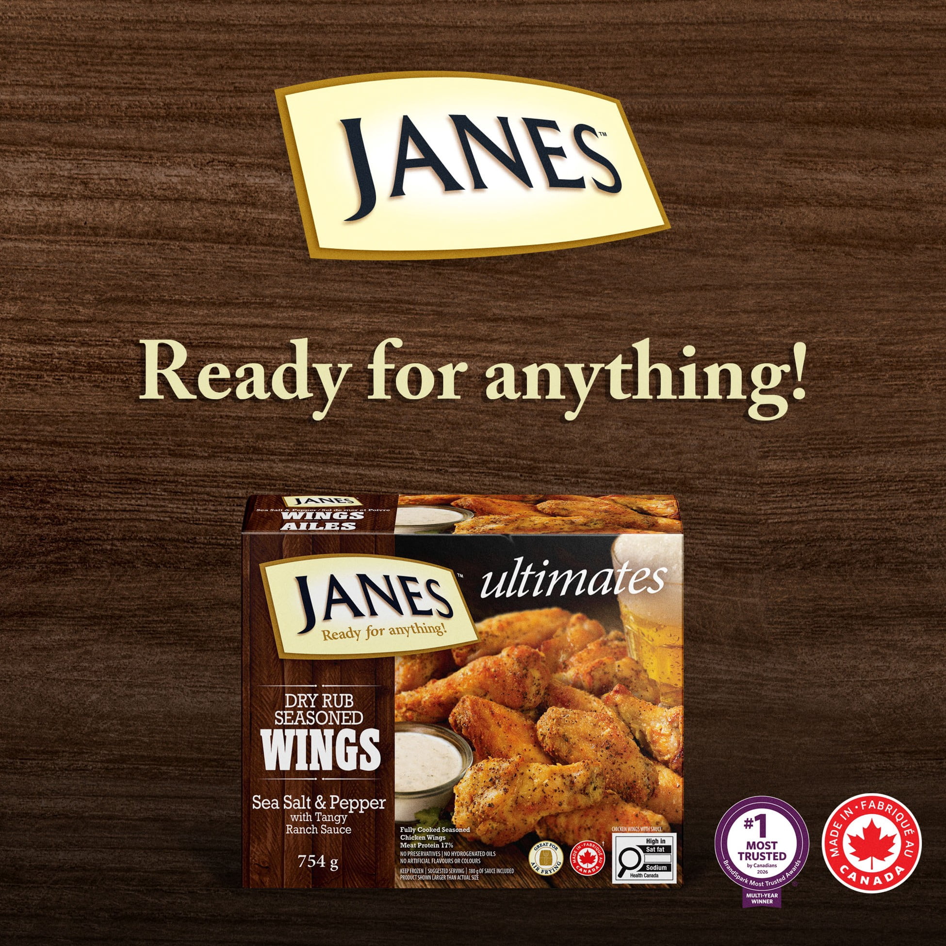 Ailes de poulet ultimes Janes® assaisonnées à la marinade sèche sel de mer et poivre, 754 g, ailes de poulet congelées. Contient : Viande blanche. Janes® Ultimates Ailes de poulet assaisonnées à sec au sel de mer et au poivre
