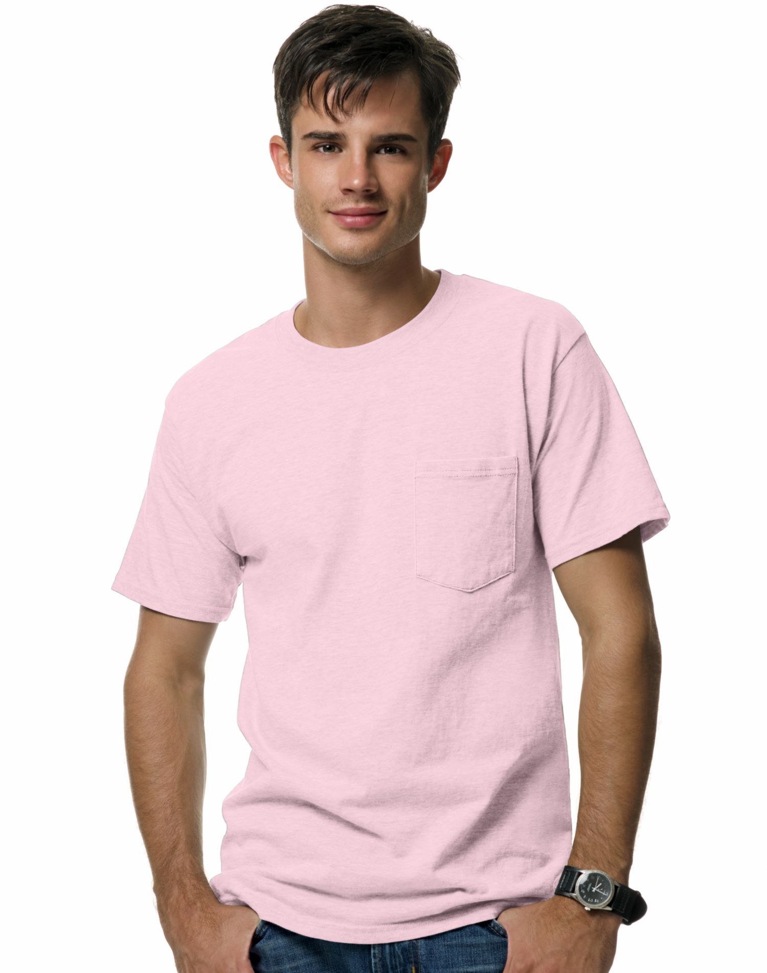Hanes Beefy-T Men`s Pocket T-Shirt, 2XL, Pale Pink