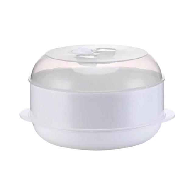 DOLITY Microwave Heater Steamer Kitchen Heater Steamer Microwave Cookware Steamer single layer. A white, single-layer microwave food steamer with a transparent domed lid and side handles for easy handling. Made of food-grade PP material, it features a honeycomb-shaped fine hole design for efficient steaming. Suitable for steaming vegetables, dumplings, and buns. Dimensions: 21.5cm x 21.5cm x 11cm (8.46in x 8.46in x 4.33in).