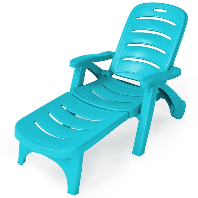 Patiojoy Outdoor Chaise Lounge Chair in turquoise, designed for outdoor relaxation with a durable PP material construction and 5-position adjustable backrest. This folding patio recliner features smooth wheels for easy transport and storage. Ideal for use in backyards, poolside, or beaches, it supports up to 300 lbs and measures 74 inches in length when unfolded.