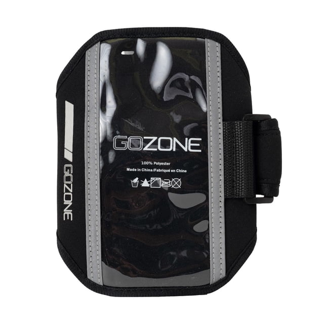 Running Armband with Clear Touchscreen by Gozone in black with reflective gray stripes, featuring a transparent window for full phone access, adjustable strap for secure fit, sweat-resistant polyester fabric, and durable design ideal for running and gym use.