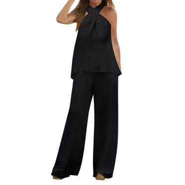 Mikilon Ensemble Élégant pour Femmes 2 Pcs Été Couleur Unie Costume Deux Pièces (sous-Vêtement + Pantalon) Mode Été Décontracté Haut Sans Manches + Pantalon Taille Élastique Noir m