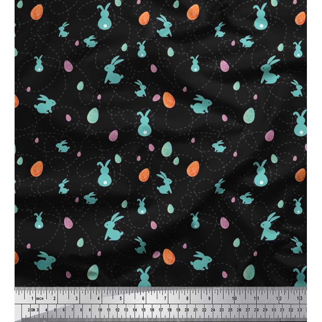 Soimoi Japan Crepe Satin Fabric Egg & Rabbit Animal Print Fabric by The Yard 42 Inch Wide