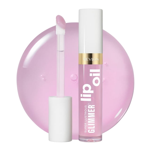 Super Lustrous Glimmer™ Lip Oil moisturizing lip oil in a clear tube with white cap and gold band, showing light pink shade and plush applicator, set against a glossy pink liquid background, offering intense hydration and a shine-drenched finish suitable for soft, smooth lips