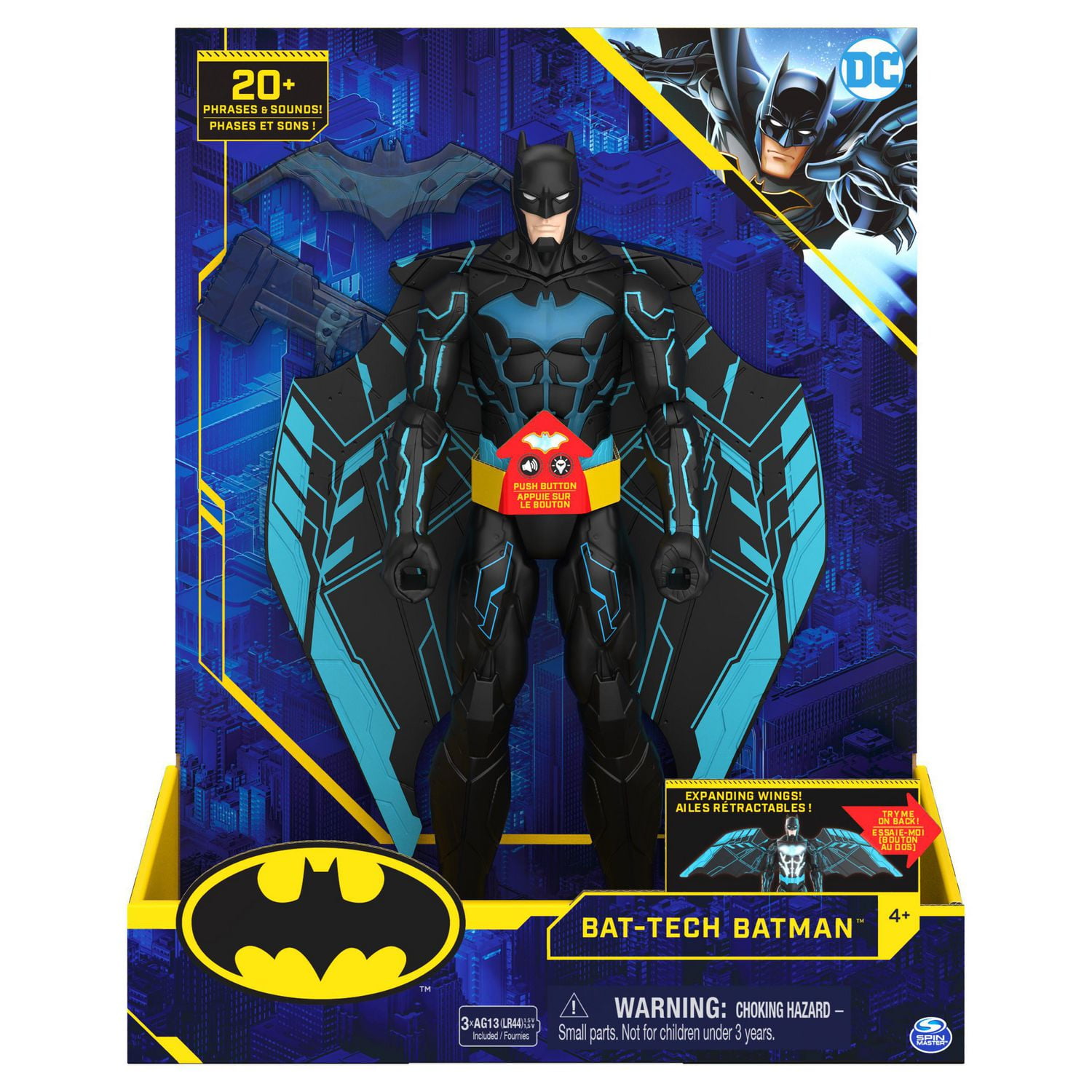 Figurine articulée Batman Bat-Tech de luxe de 30 cm avec ailes rétractables, lumières et plus de 20 effets sonores et répliques