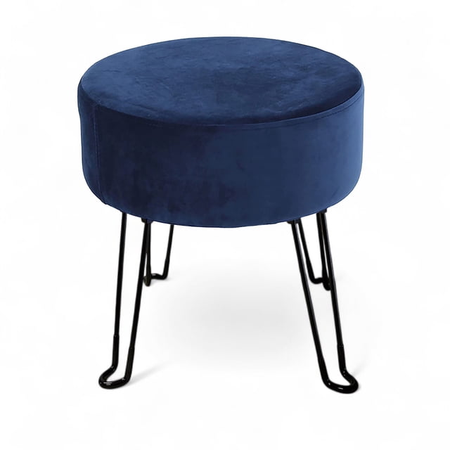 Plush Blue Velvet Round Ottoman – Compact Modern Footstool with Black Metal Hairpin Legs