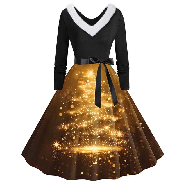 TIMIFIS Robes de Noël pour Femmes, Robes Maxi pour Femmes Robe Vintage de Vacances Manches Longues Col en V en Fourrure Robe Dos Nu